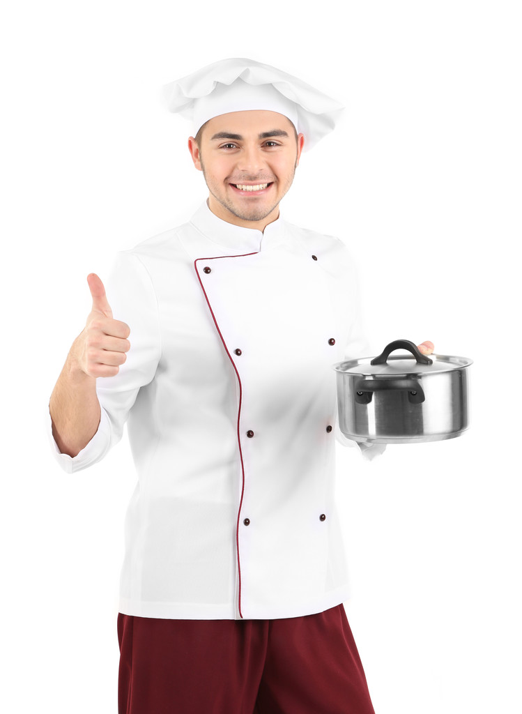 Chef profissional em uniforme branco e chapéu, segurando panela em suas mãos, isolado em branco
 - Foto, Imagem