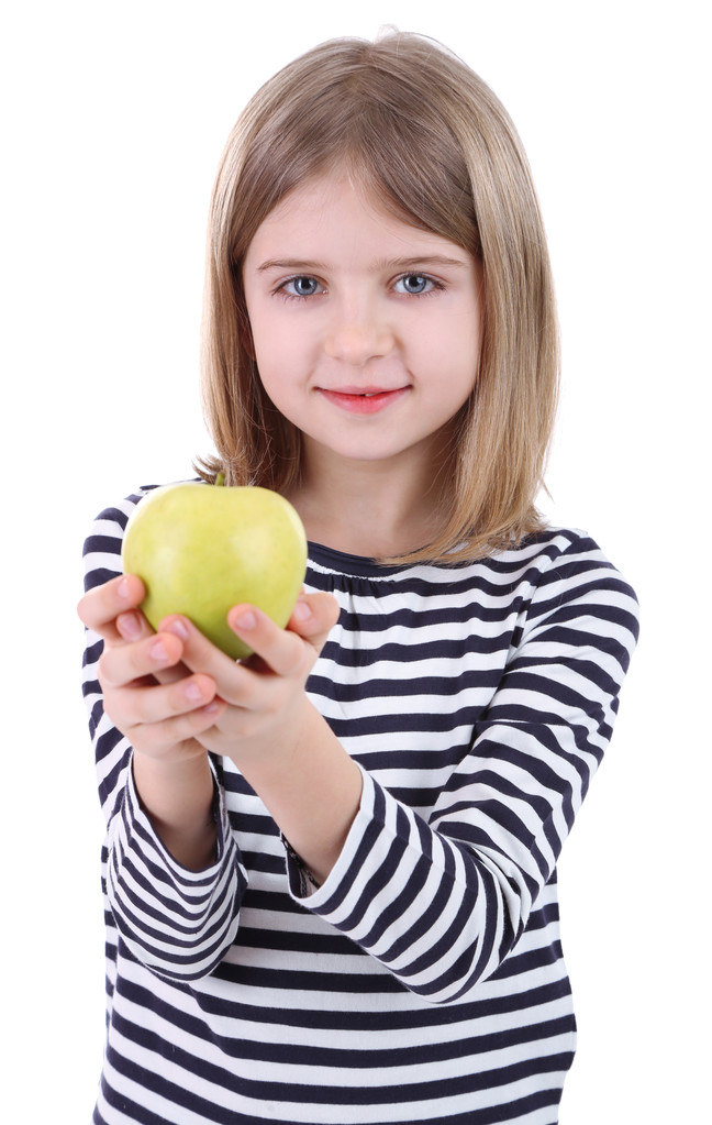 mooi meisje houden appel geïsoleerd op wit - Foto, afbeelding