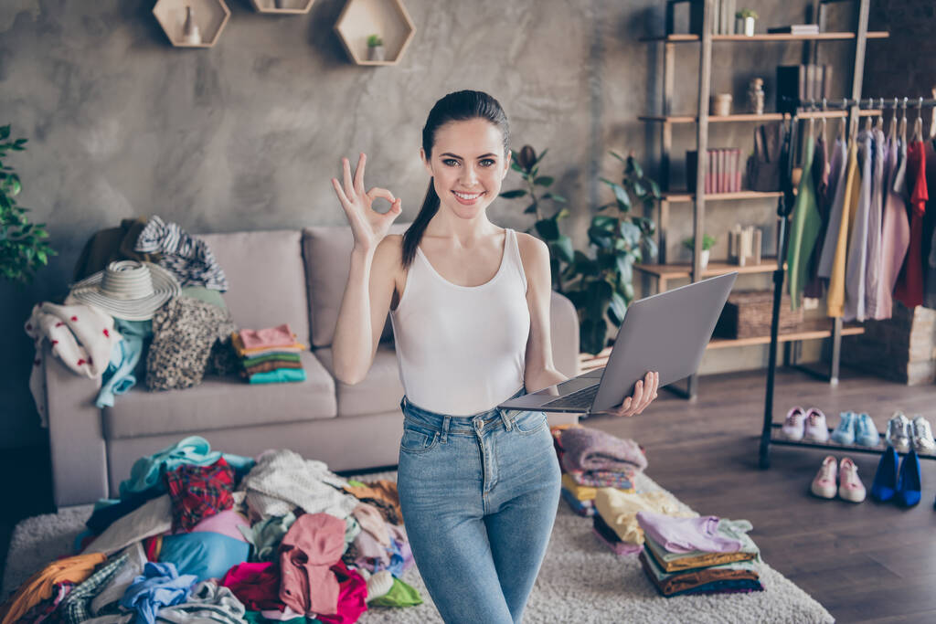 Retrato de positivo alegre menina uso laptop aprovar excelente compra on-line show ok sinal desgaste jeans stand in house indoors - Foto, Imagem