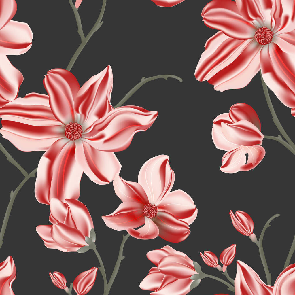 Magnolia vektor zökkenőmentes minta. Ismétlődő virágnyomat, növénytervezés. Tökéletes csomagolására papír, hátterek, fejlécek, transzparensek, ruha, szövetek, digitális papír, vörös rózsa művészet - Vektor, kép
