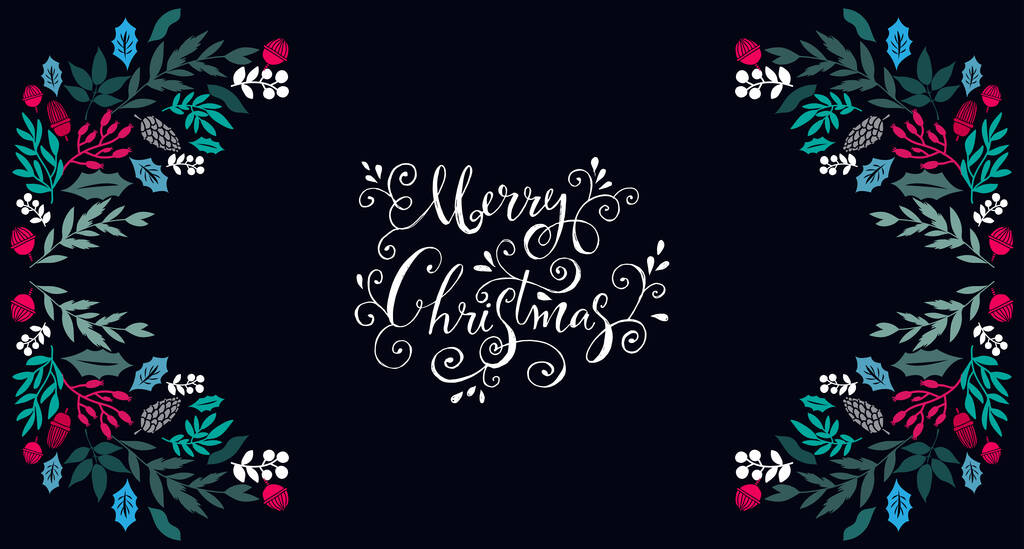 幸せなメリークリスマスレタリングテンプレート花の花輪、フレームとクリスマスカード。クリスマスの背景クレートカード、招待状のためのユニークな手作りの冬のデザインベクトルイラスト - ベクター画像