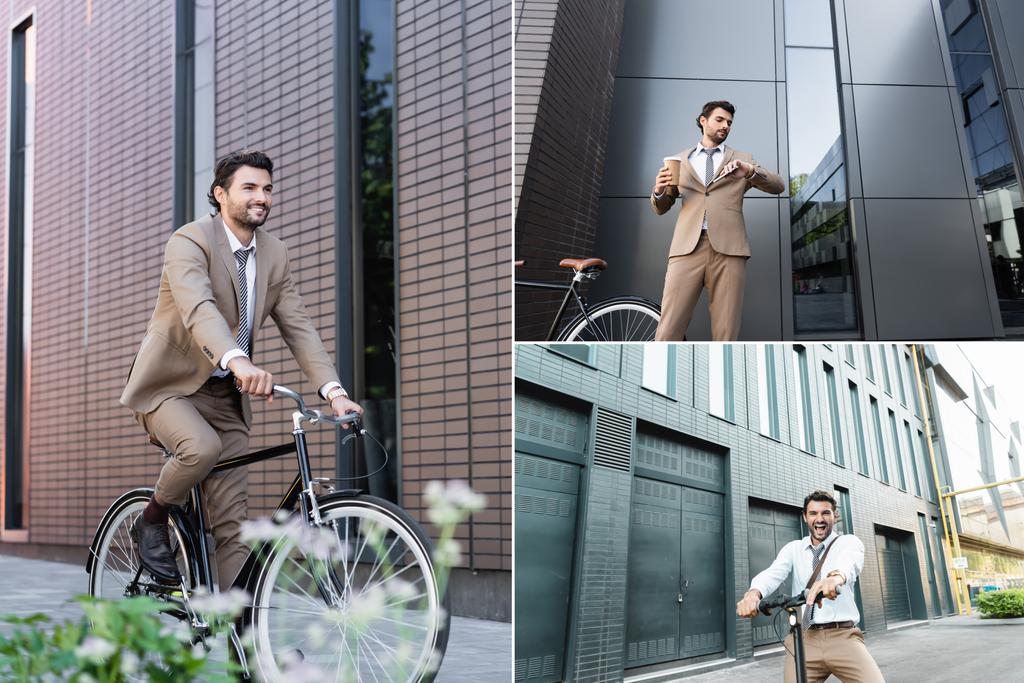 colagem de homem de negócios em terno segurando café para ir e smartphone, enquanto olha para assistir, sorrindo, andar de bicicleta e e-scooter - Foto, Imagem
