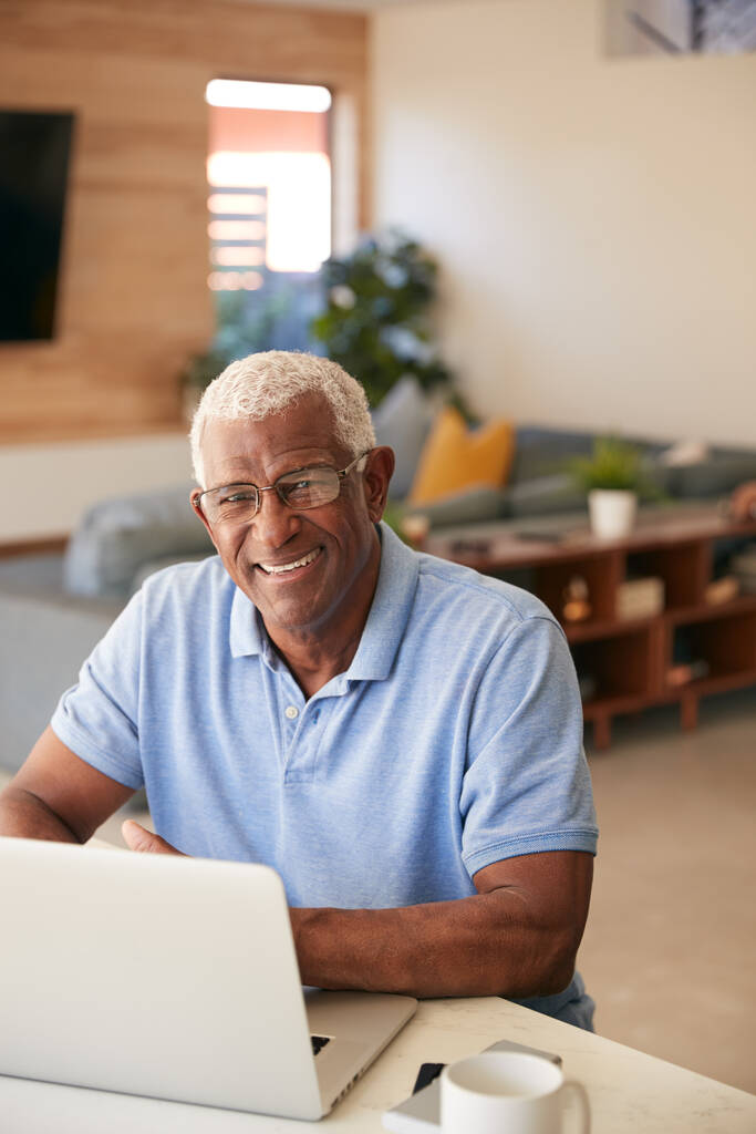 Retrato de homem afro-americano sênior usando laptop para verificar finanças em casa - Foto, Imagem
