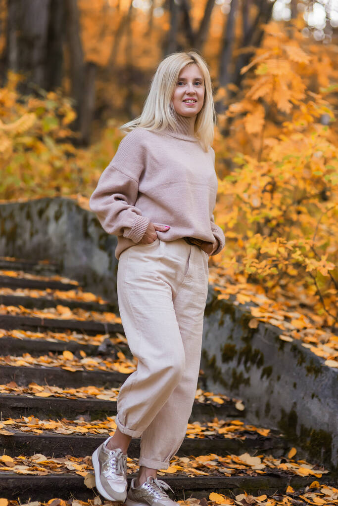 Mujer disfrutando del clima otoñal. Retrato de otoño de una niña. Caminar por el parque de otoño. - Foto, imagen