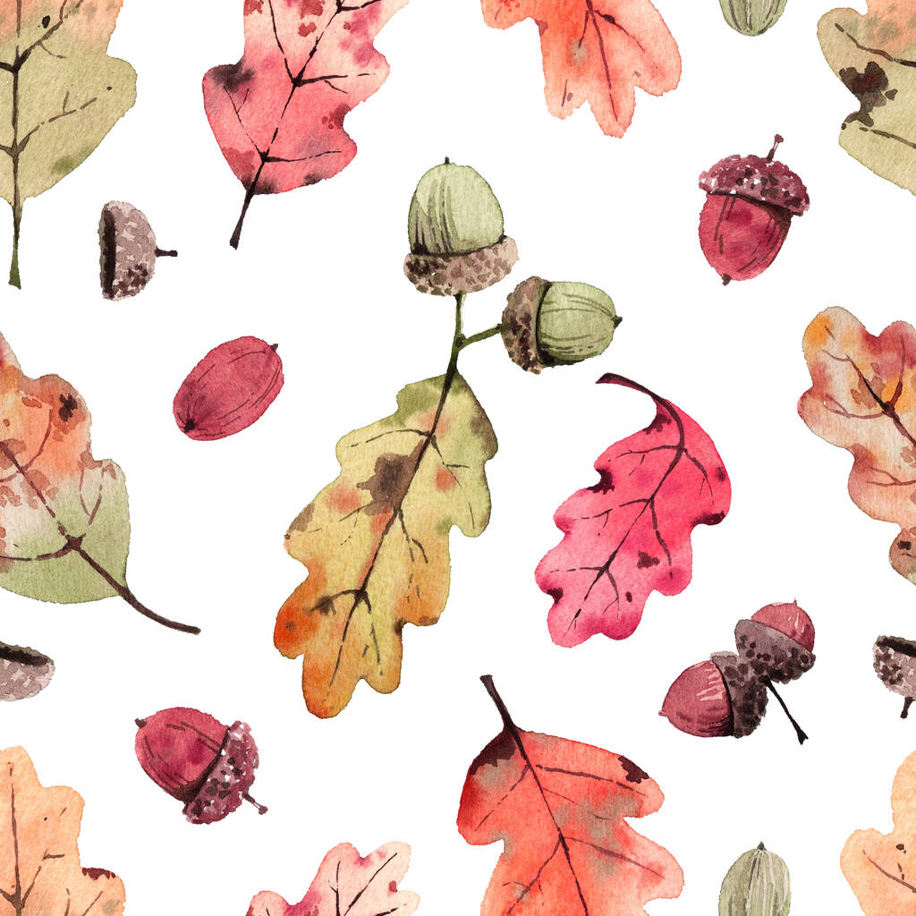 Mintázat akvarell tölgyfa levelekkel és makkokkal. Fehér alapon - Fotó, kép