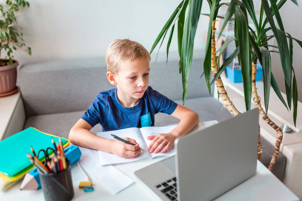 Ένα μικρό αγόρι από το σχολείο που δουλεύει στο σπίτι με ένα λάπτοπ και σημειώσεις της τάξης μελετώντας σε μια εικονική τάξη. εξ αποστάσεως εκπαίδευση και μάθηση, ηλεκτρονική μάθηση, έννοια της online μάθησης κατά τη διάρκεια της καραντίνας - Φωτογραφία, εικόνα
