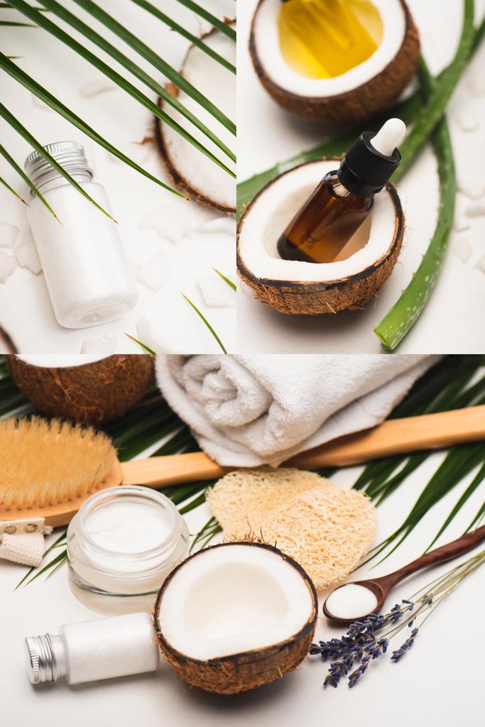 коллаж из натуральных ингредиентов, домашняя косметика, массажная щетка, полотенце и губки возле пальмовых листьев на белом - Фото, изображение