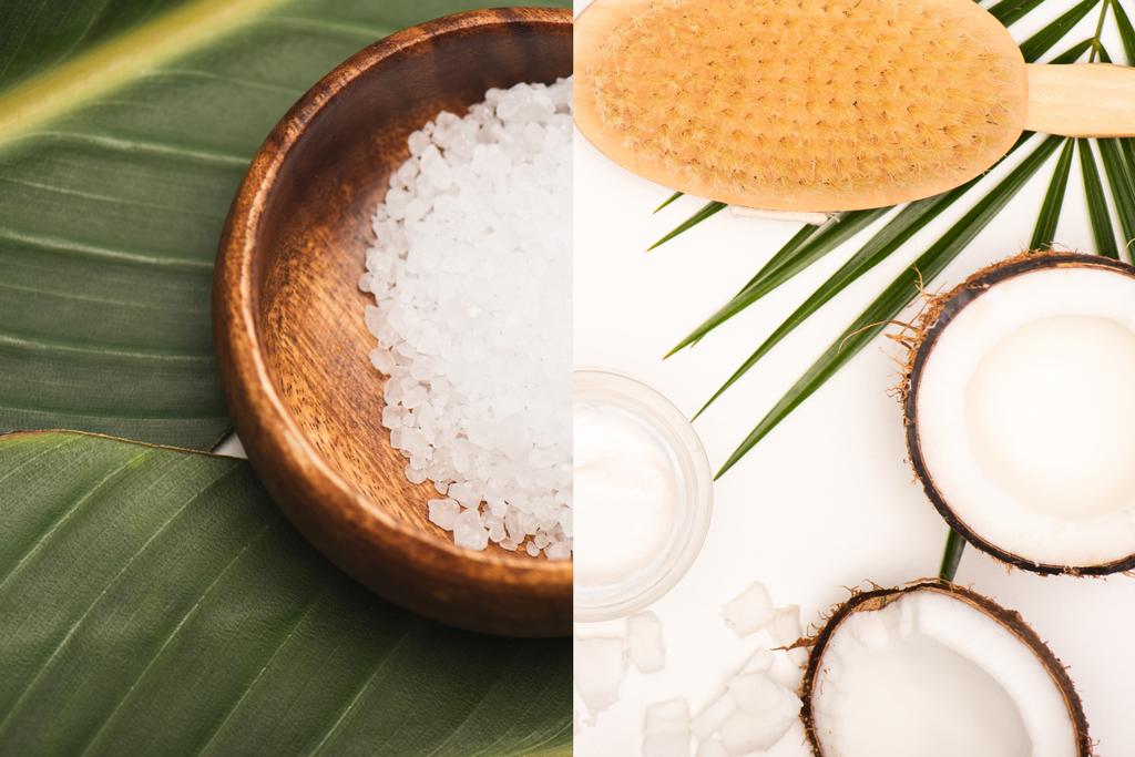 kolaż soli morskiej w drewnianej misce, pokrojone kokosy, krem kosmetyczny, i szczotka do masażu na białym - Zdjęcie, obraz