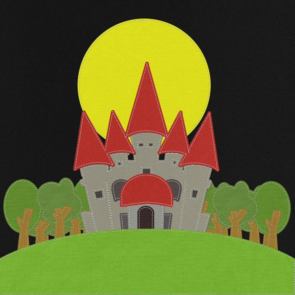 παραμυθένιο κάστρο σε πράσινο φόντο με βελονιά στυλ στην β ύφασμα - Φωτογραφία, εικόνα