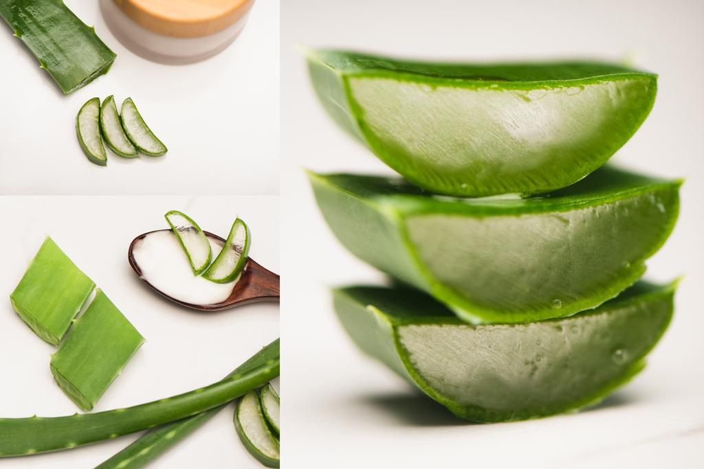 Collage aus geschnittenen Aloe-Vera-Blättern, Kochlöffel und Behälter mit hausgemachter Kosmetikcreme auf Weiß - Foto, Bild