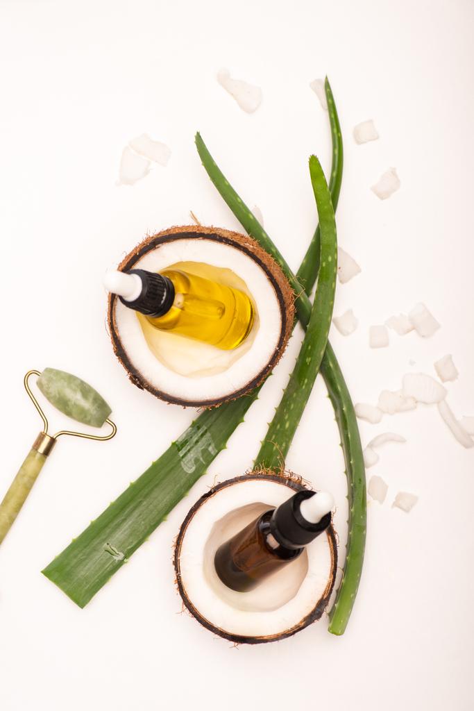 vista dall'alto di bottiglie con olio essenziale, metà cocco e fiocchi vicino al rullo di giada e foglie di aloe vera sulla superficie bianca - Foto, immagini