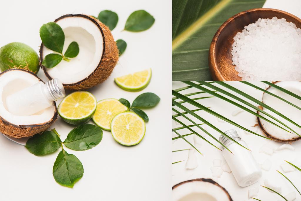 kolaż połówek kokosowych, butelka balsamu, wapno, miska z solą morską i liście na białym tle - Zdjęcie, obraz