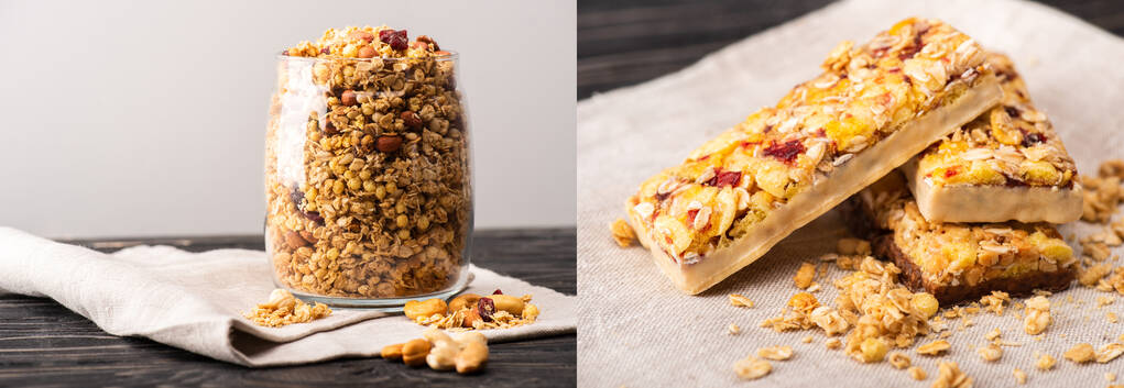 collage of delicious granola in glass gar on napkin isolated on grey and muesli bars, banner - Photo, Image