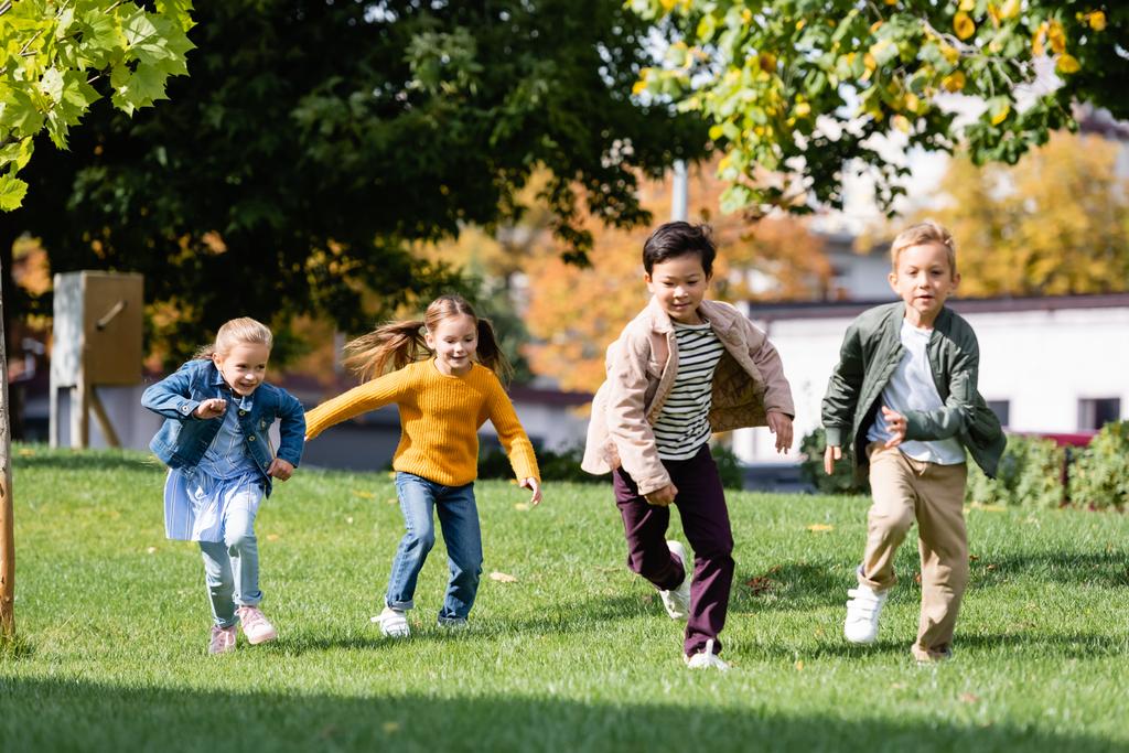 公園で草の上を走る多民族の子供たちの笑顔  - 写真・画像