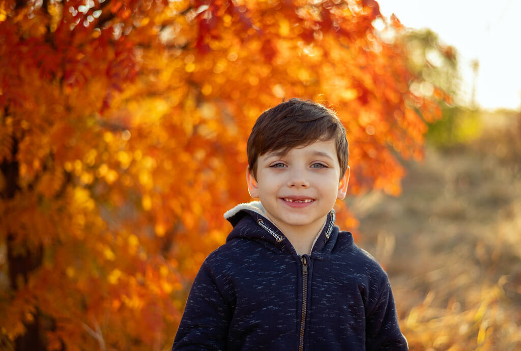 Mały uśmiechnięty chłopiec spacerujący w jesiennym parku z pomarańczowymi i żółtymi liśćmi na drzewach - Zdjęcie, obraz