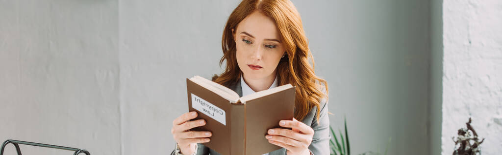 Concentrato redhead avvocato guardando libro con diritto d'autore lettering in ufficio, banner - Foto, immagini