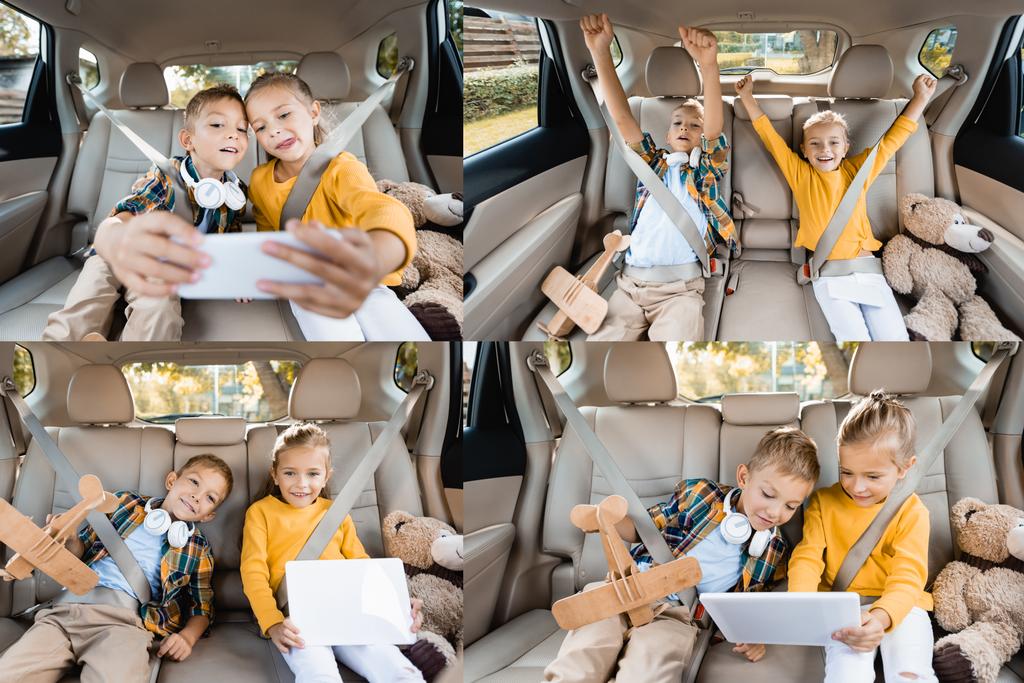 車の後部座席におもちゃの近くのデバイスを使用して陽気な子供のコラージュ  - 写真・画像
