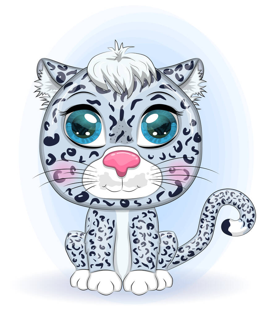 Kreslený sněžný leopard s výraznýma očima. Wild animals, character, childish cute style - Vektor, obrázek
