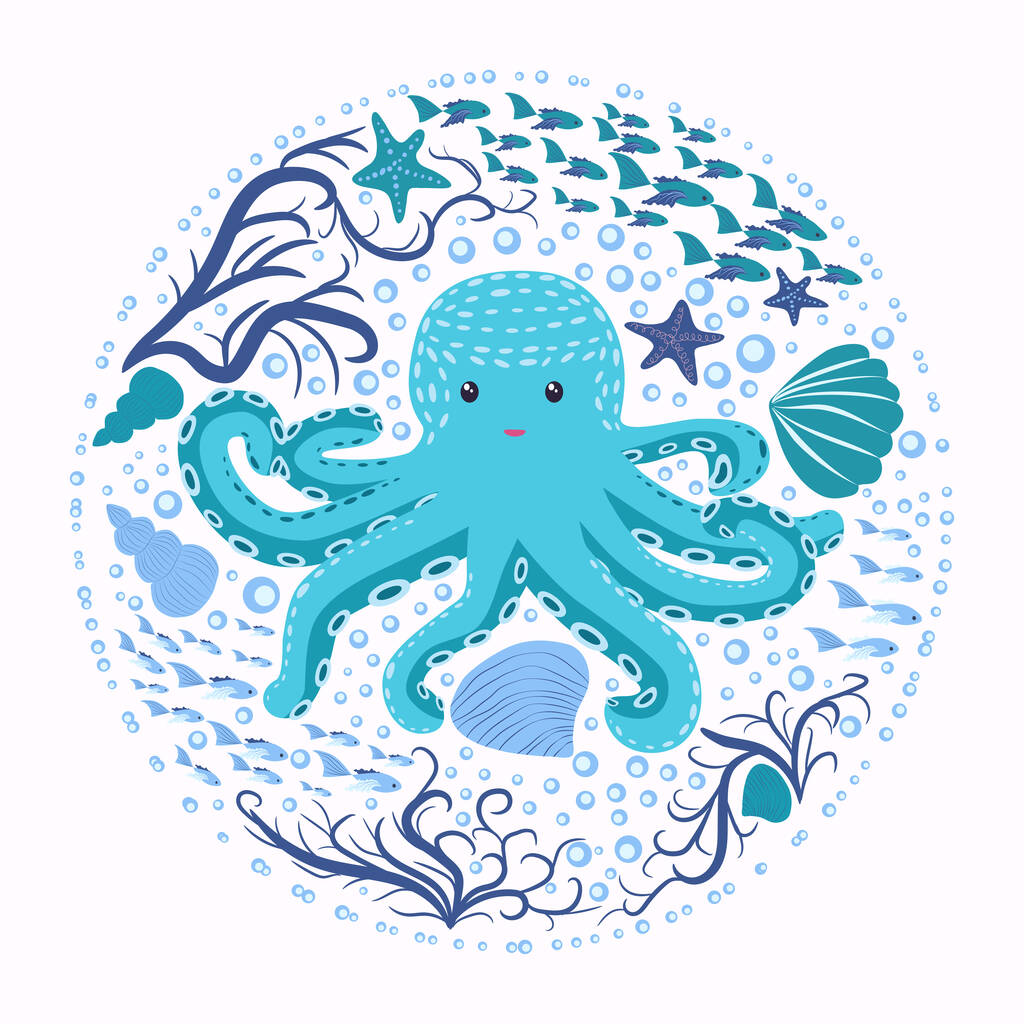 Veselá tyrkysová maskotka z kresleného filmu Octopus. Obyvatelé moře, skandinávský styl, ručně kreslené - Vektor, obrázek