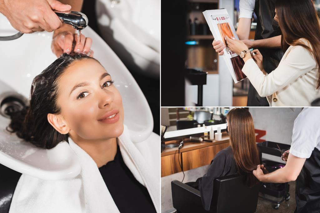 коллаж парикмахера мыть волосы женщины, стричь ее волосы и показывать палитру цветов волос - Фото, изображение