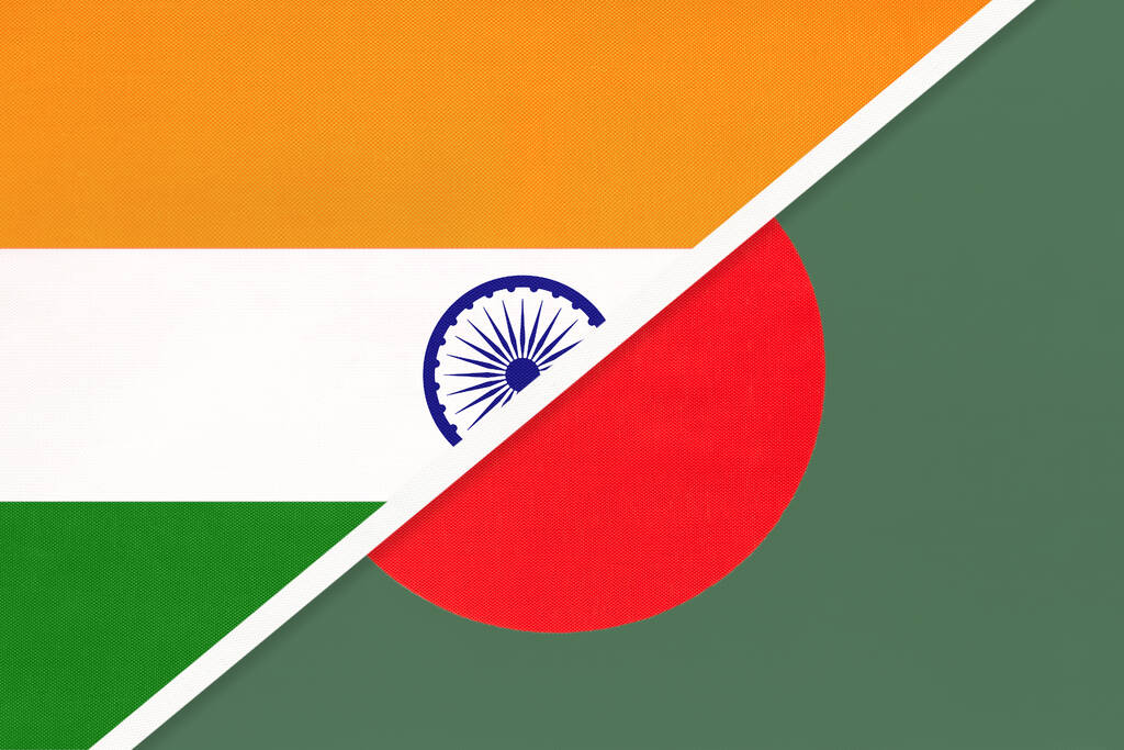 Indien und Bangladesch, Symbol der Nationalflaggen aus Textilien. Beziehung, Partnerschaft und Meisterschaft zwischen asiatischen Ländern. - Foto, Bild