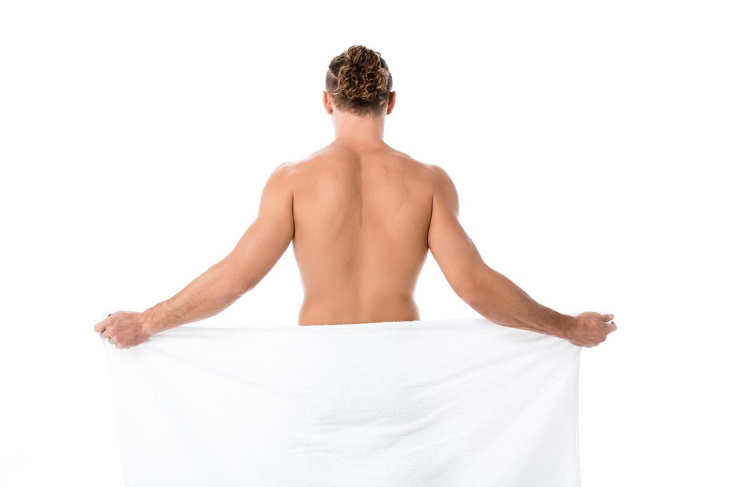 hátsó kilátás szexi félmeztelen férfi törülköző pózol elszigetelt fehér - Fotó, kép
