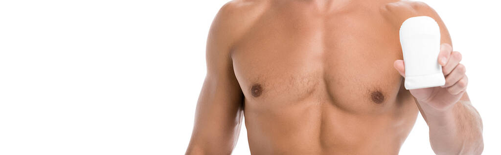 corte vista de sexy shirtless homem com desodorizante isolado no branco, banner - Foto, Imagem