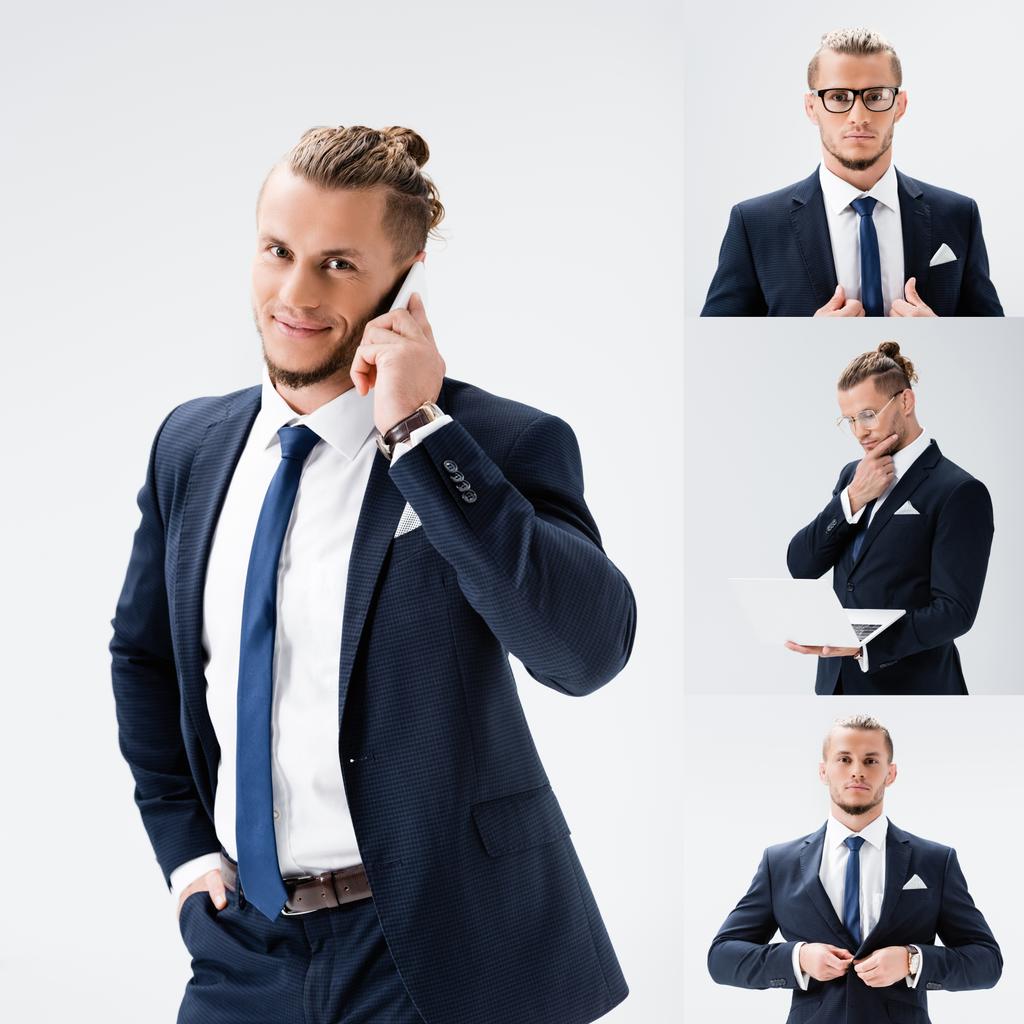 collage de joven hombre de negocios en traje con smartphone y portátil aislado en blanco - Foto, imagen