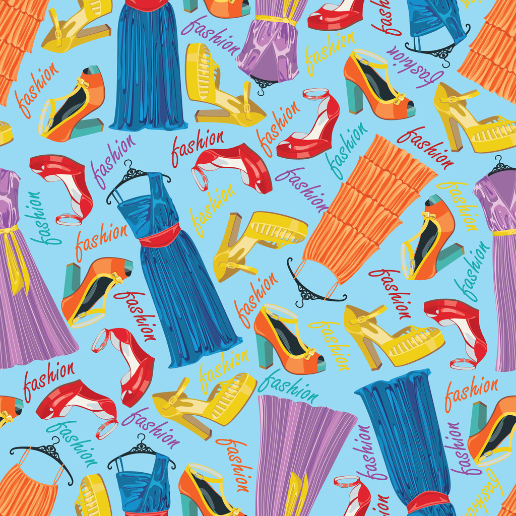 Multicolor fashionable dresses,open shoes in seamless pattern - Vector, Image
