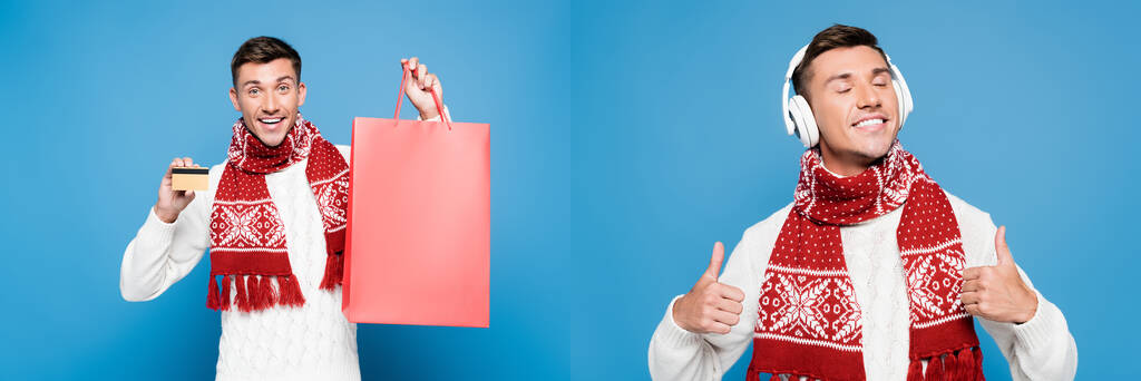 Colagem de homem adulto jovem com cartão de crédito e saco de papel, usando fones de ouvido sem fio isolados em azul, banner - Foto, Imagem