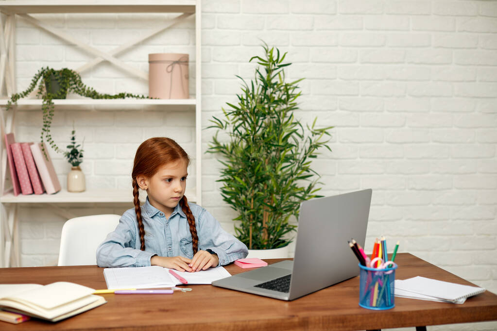 petite fille enfant à l'aide d'un ordinateur portable pour étudier en ligne - Photo, image