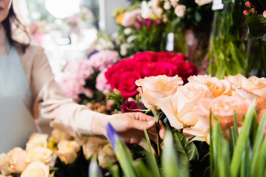 Vue recadrée du fleuriste femelle touchant rose en magasin avec des fleurs floues sur le fond - Photo, image