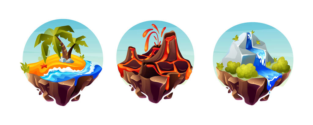 Коллекция игровых островов. Тропический пейзаж с пальмами, лазурный океан, ландшафт земли и лавы, каменный остров с водопадом. Природный ландшафт Земли для игрового дизайна - Вектор,изображение