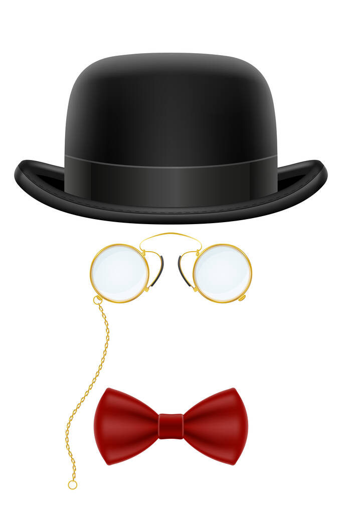 黒のレトロなボウラー帽子と眼鏡と蝶ネクタイベクトルイラストが白い背景に孤立 - ベクター画像