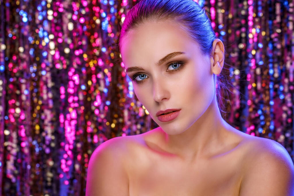 Magic Girl Portrait in Gold. Golden Makeup, close-up portrait in studio shot, color - Photo, Image