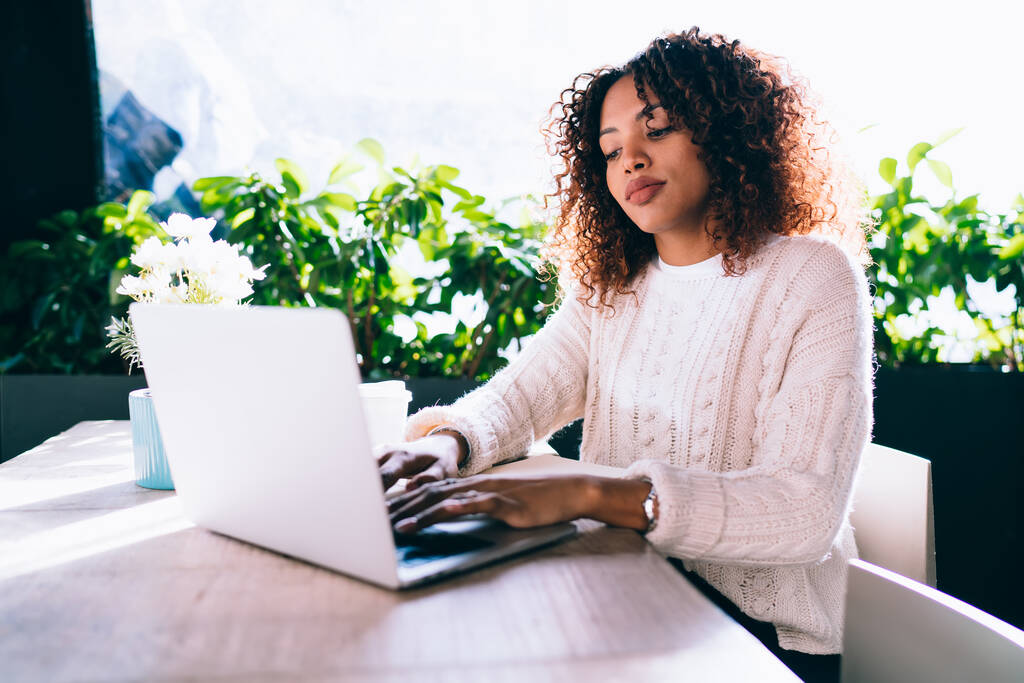 Концентрована чорна жінка з темним кучерявим волоссям виглядає мирно, працюючи в кафе і використовуючи білий ноутбук проти зелених рослин
 - Фото, зображення
