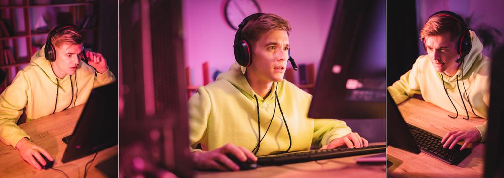 Коллаж молодого геймера в наушниках, играющего в видеоигру на компьютере дома, баннер  - Фото, изображение