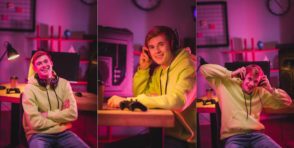 Collage van lachende gamer in koptelefoon kijken naar camera in de buurt van de computer en joystick op wazig achtergrond  - Foto, afbeelding