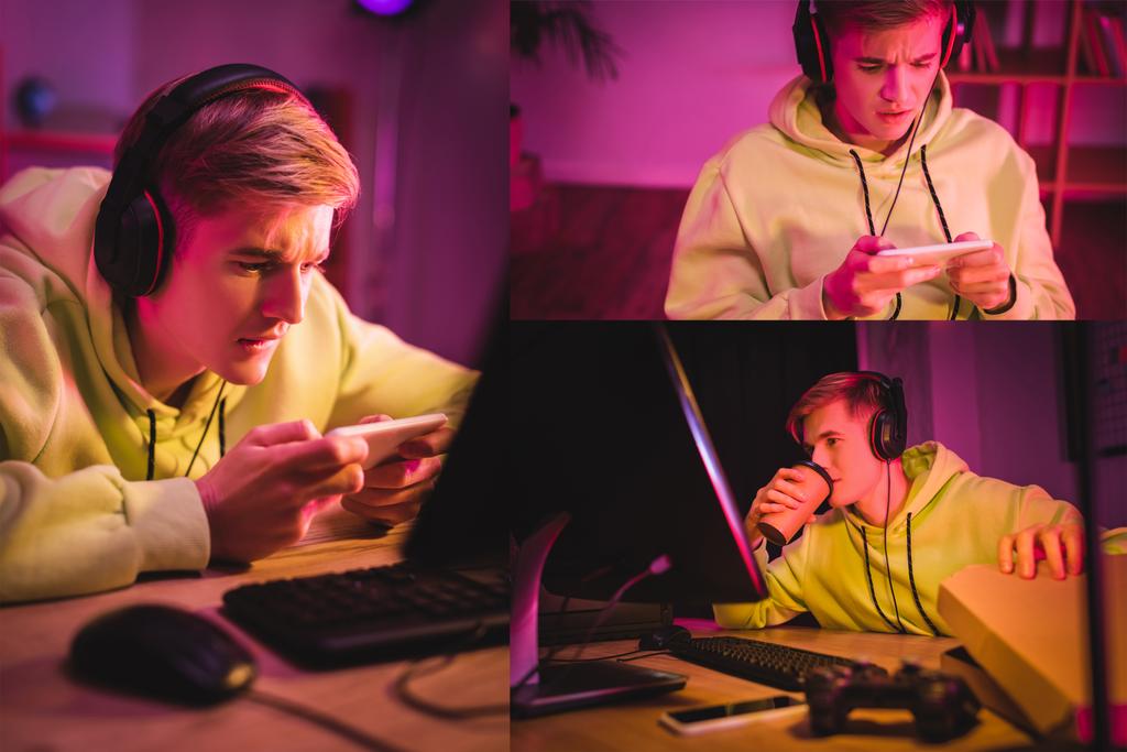 Collage of gamer in headphones using smartphone and drinking coffee near pizza box, computer and joystick on blurred foreground  - Photo, Image
