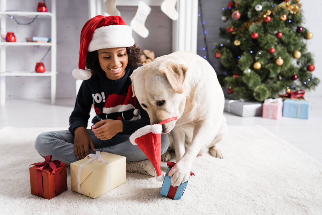 labrador pes se Santa klobouk na nose dotýkání dárkové krabice v blízkosti šťastný africký Američan dívka na rozmazaném pozadí - Fotografie, Obrázek