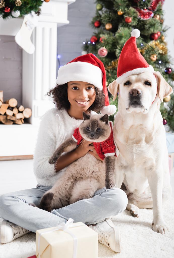 Веселая африканская американка держит пушистую кошку рядом с собакой-лабрадором и рождественской ёлкой на размытом фоне - Фото, изображение
