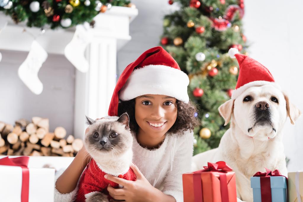 Neşeli Afrikalı Amerikalı kız kedi, labrador köpeği ve bulanık arka plandaki hediye kutularına bakıyor. - Fotoğraf, Görsel