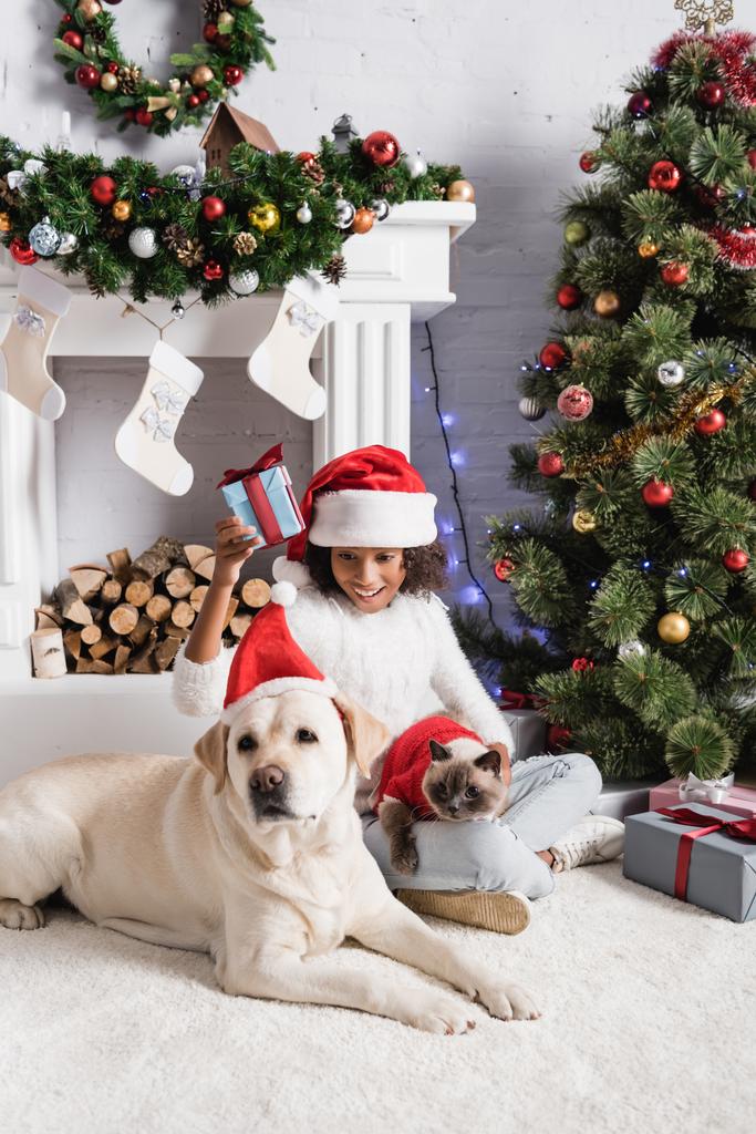 heureuse fille afro-américaine tenant boîte cadeau tout en étant assis avec chien et chat près de l'arbre de Noël et cheminée - Photo, image
