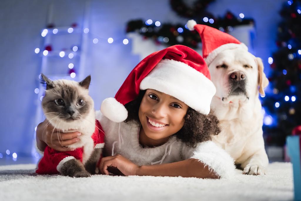 Noel Baba şapkalı mutlu Afro-Amerikalı kız labrador yakınlarında yerde yatıyor ve arka planda bulanık bir kedi var. - Fotoğraf, Görsel