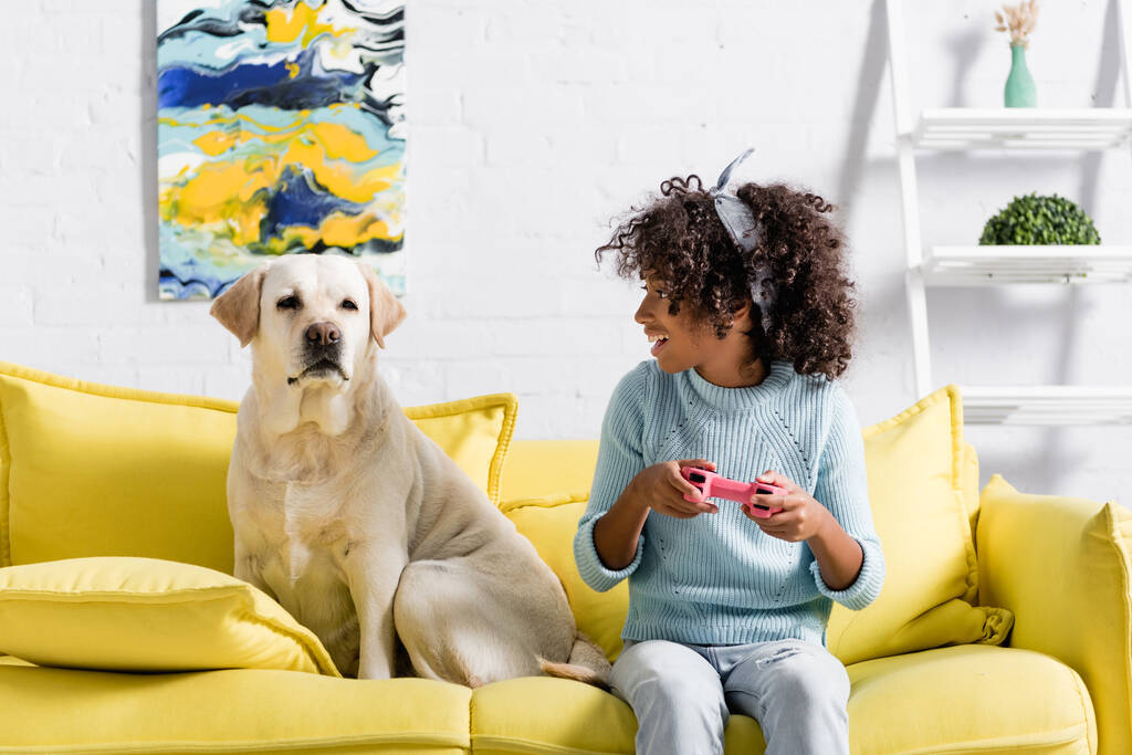 KYIV, UCRANIA - 02 DE OCTUBRE DE 2020: excitada chica afroamericana con joystick mirando a labrador, mientras está sentada en el sofá en casa - Foto, imagen