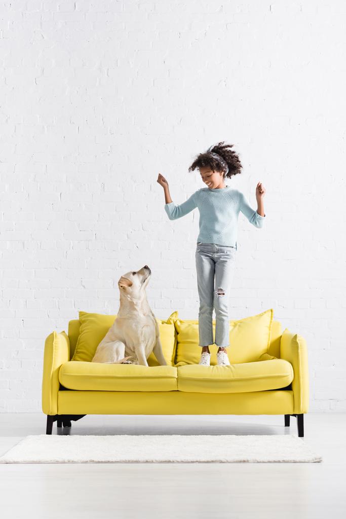 Happy african american girl with hands in air standing on sofa, while looking at labrador at home - Zdjęcie, obraz