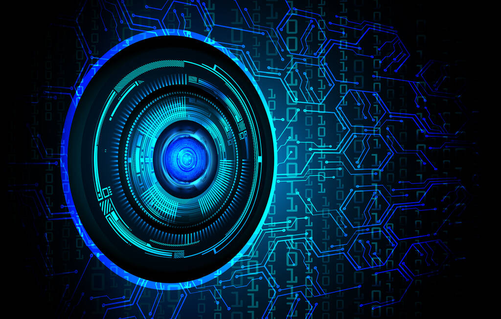 Antecedentes de concepto de tecnología futura de circuito cibernético de ojo azul - Vector, imagen