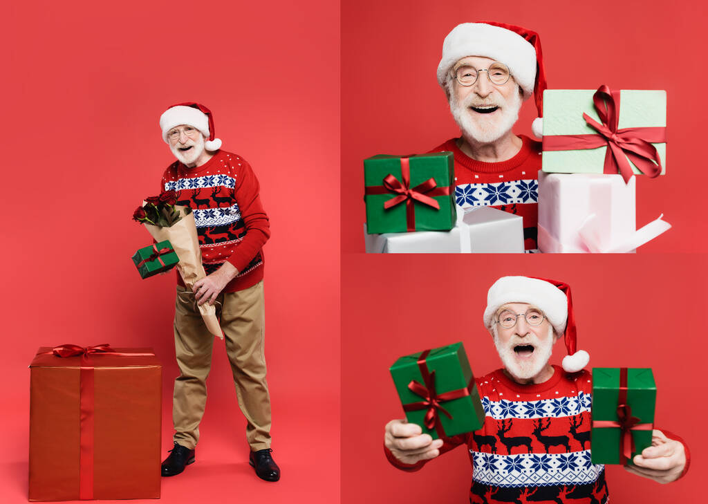 Collage di uomo anziano sorridente in cappello di Babbo Natale contenente scatole regalo e bouquet su sfondo rosso  - Foto, immagini