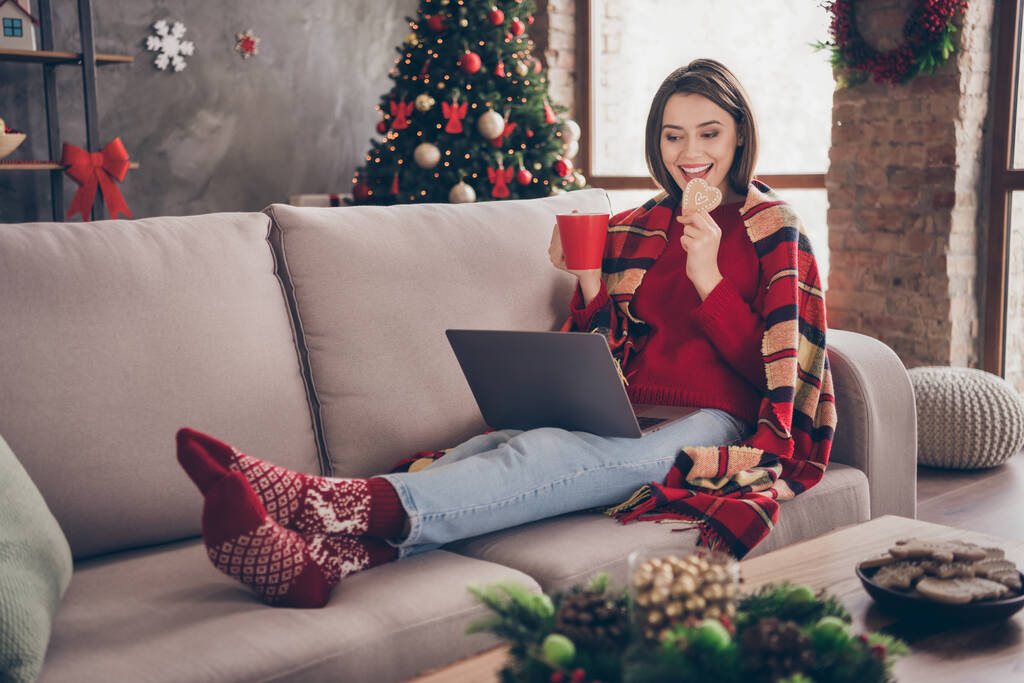 Photo of cute lady siedzieć sofa trzymać netbook jeść herbatniki pić kakao nosić kratę czerwony sweter skarpety dżinsy w urządzone x-mas pokój dzienny w pomieszczeniach - Zdjęcie, obraz