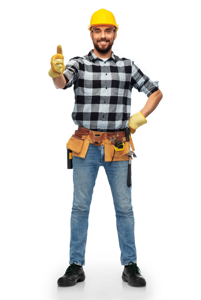 щасливий чоловік працівник або будівельник показує великі пальці вгору
 - Фото, зображення